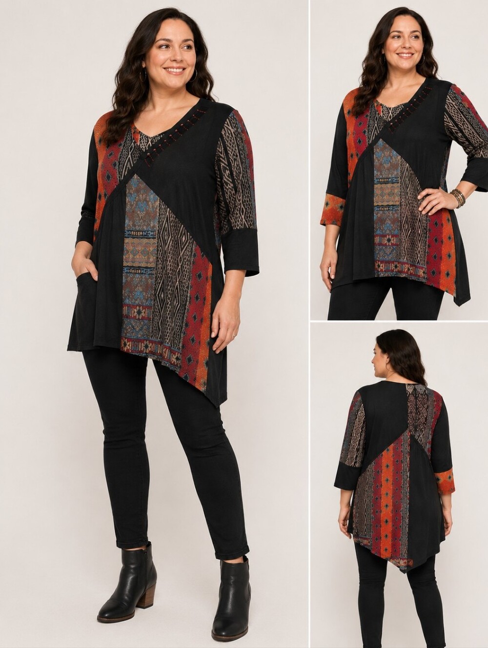 Parsley & Sage 3/4 Sleeve Black Multicolor Patchwork Long Rayon Tunic Shirt XL